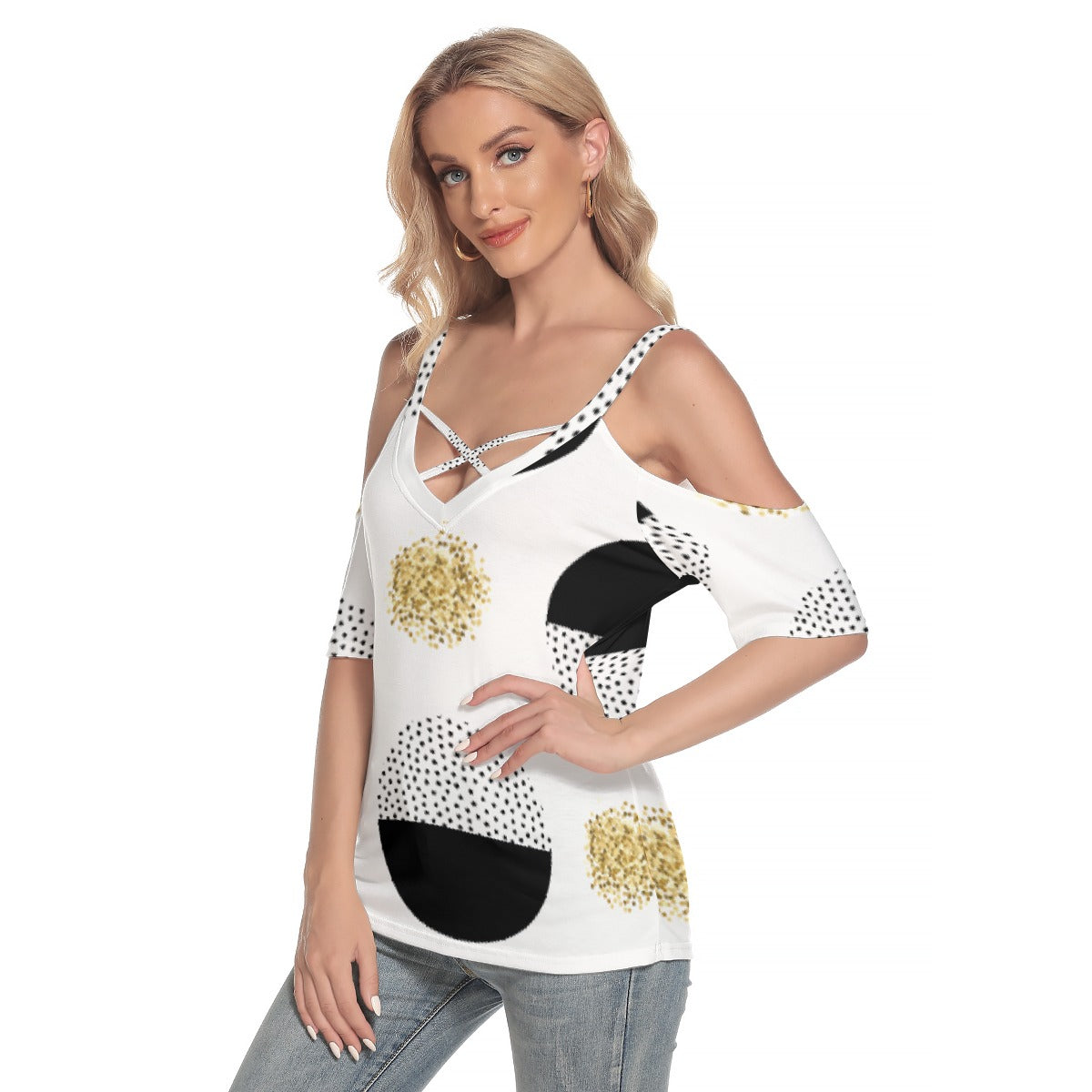 All-Over Print Women's Cold Shoulder T-shirt With Criss Cross Strips