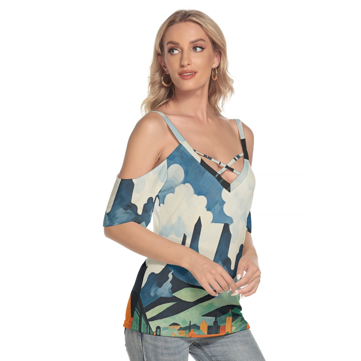 All-Over Print Women's Cold Shoulder T-shirt With Criss Cross Strips