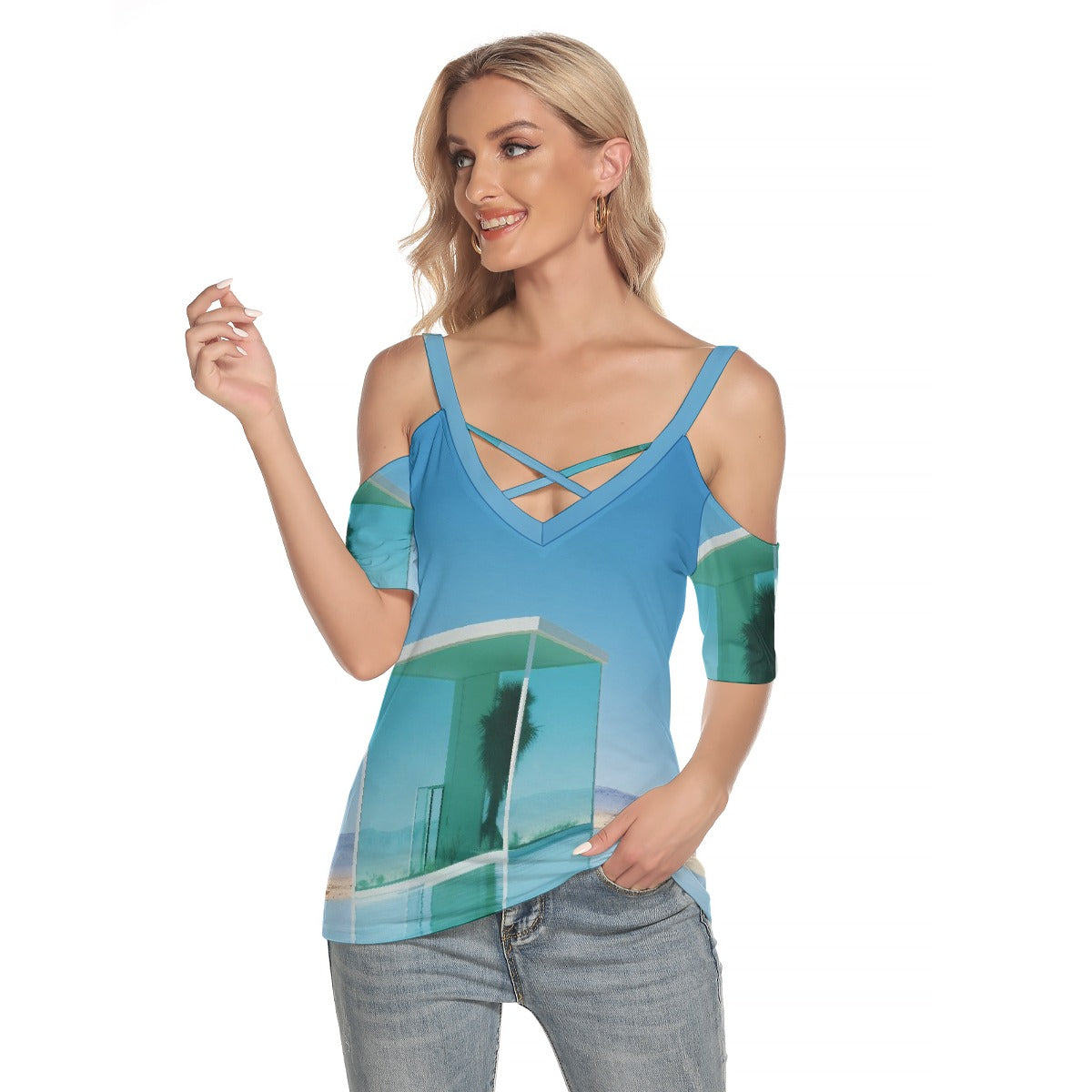 All-Over Print Women's Cold Shoulder T-shirt With Criss Cross Strips