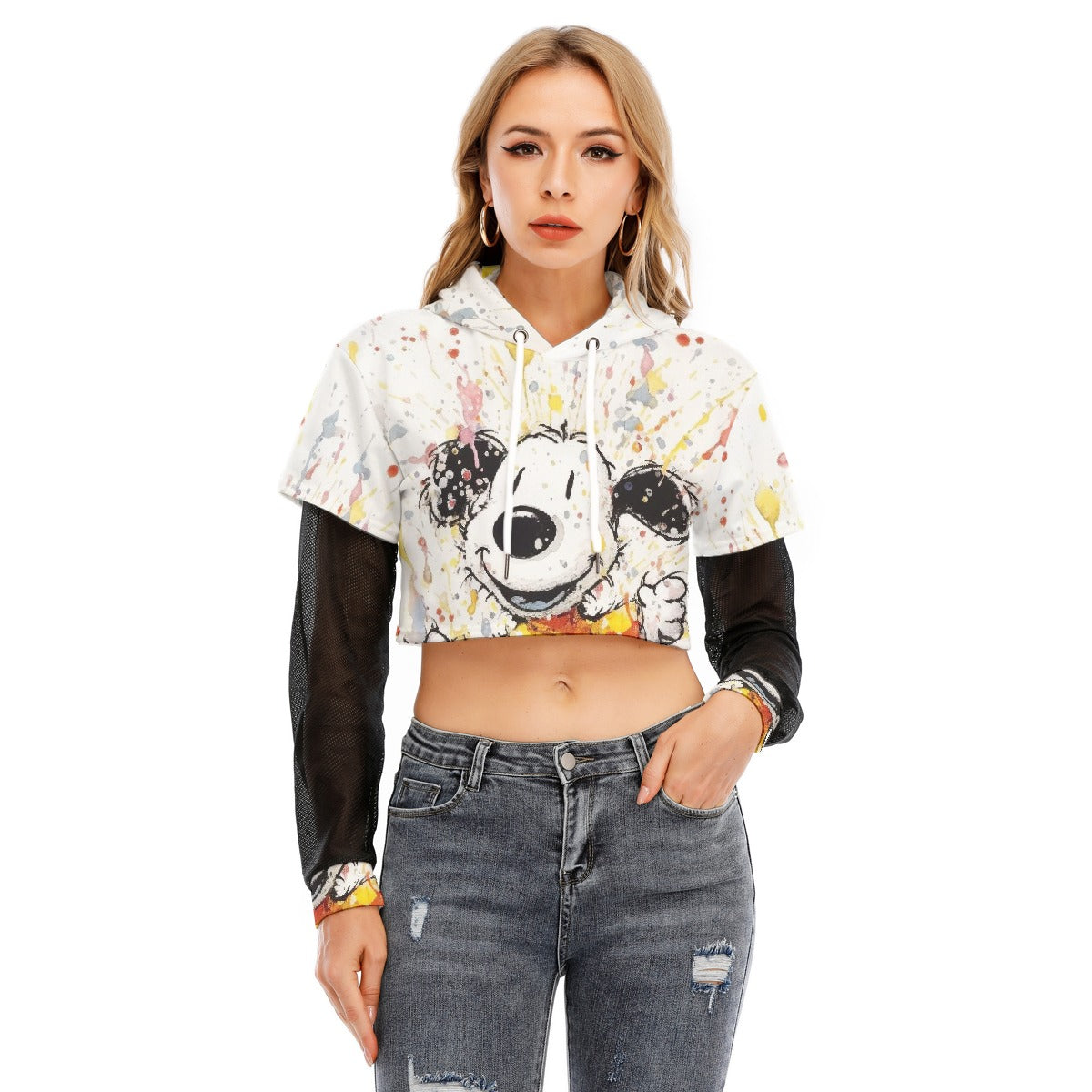 All-Over Print Women's Fake Two-piece Mesh Sleeve Cropped Hoodie