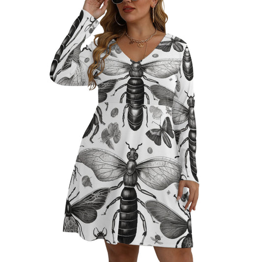 All-Over Print Women's V-neck Long Sleeve Dress(Plus Size)