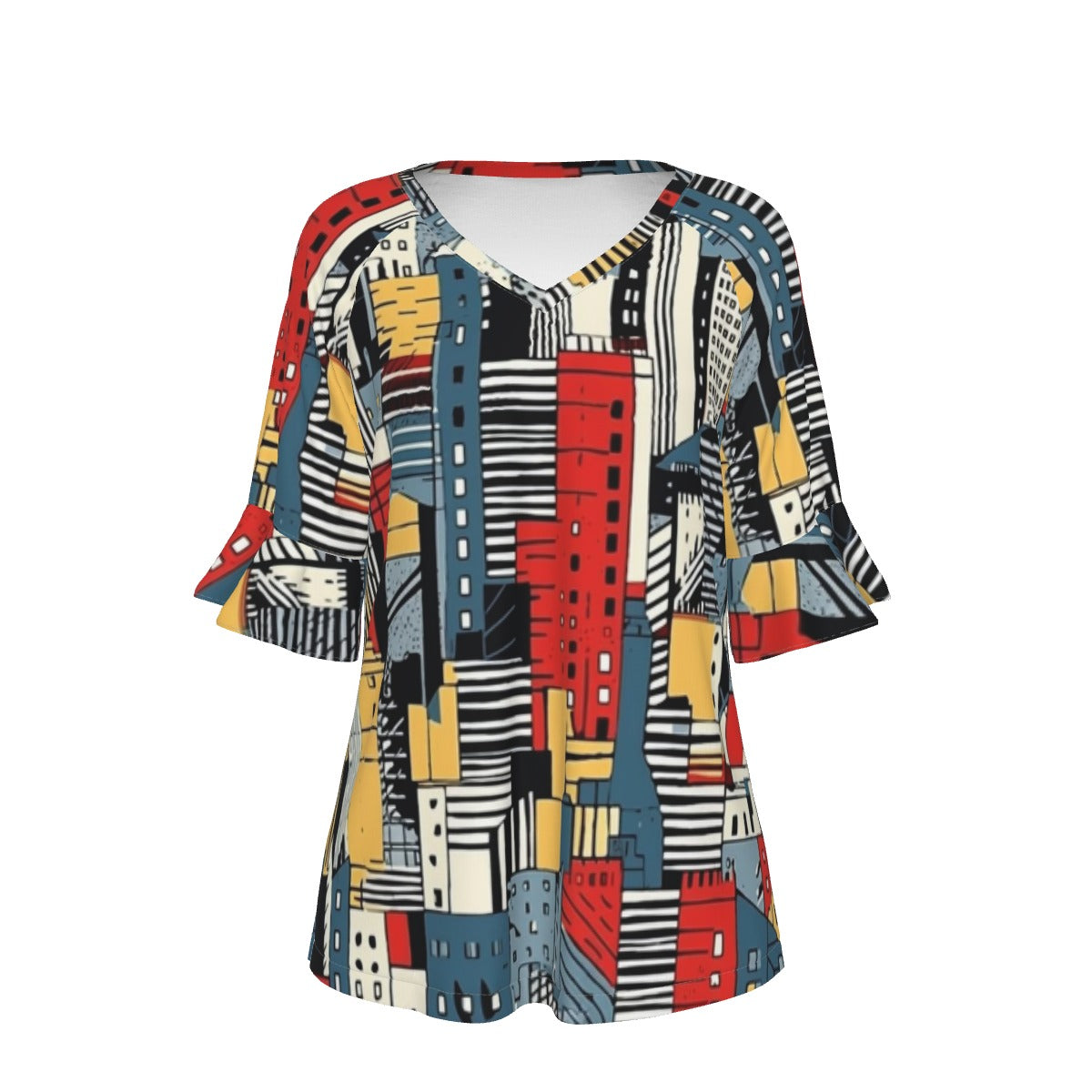 All-Over Print V-neck Women's T-shirt With Bell Sleeve