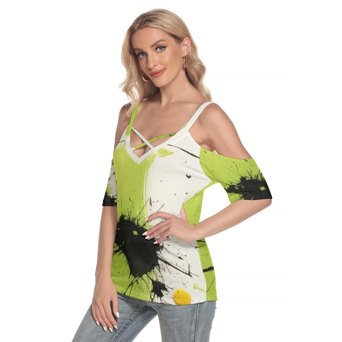 All-Over Print Women's Cold Shoulder T-shirt With Criss Cross Strips