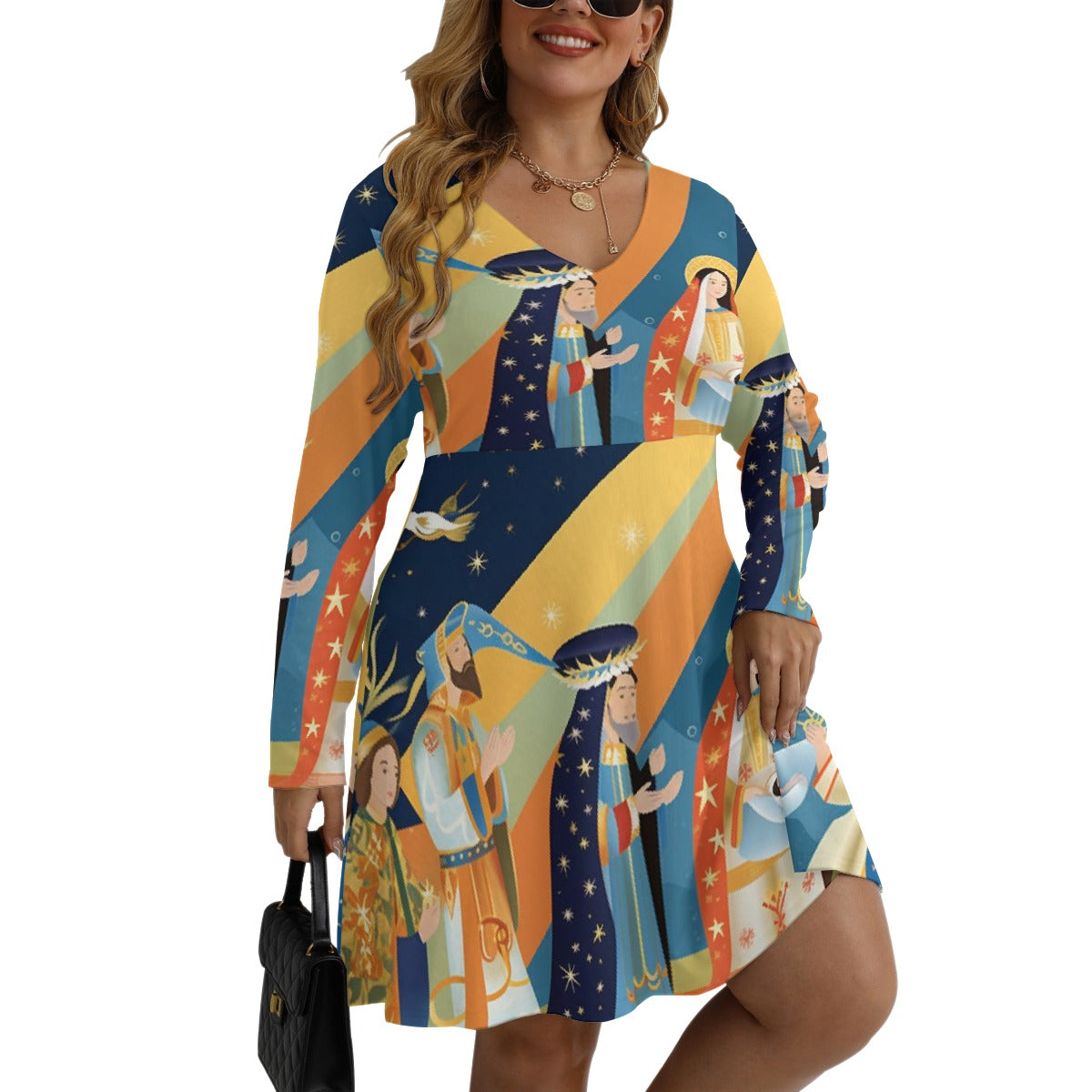 All-Over Print Women's V-neck Long Sleeve Dress(Plus Size)