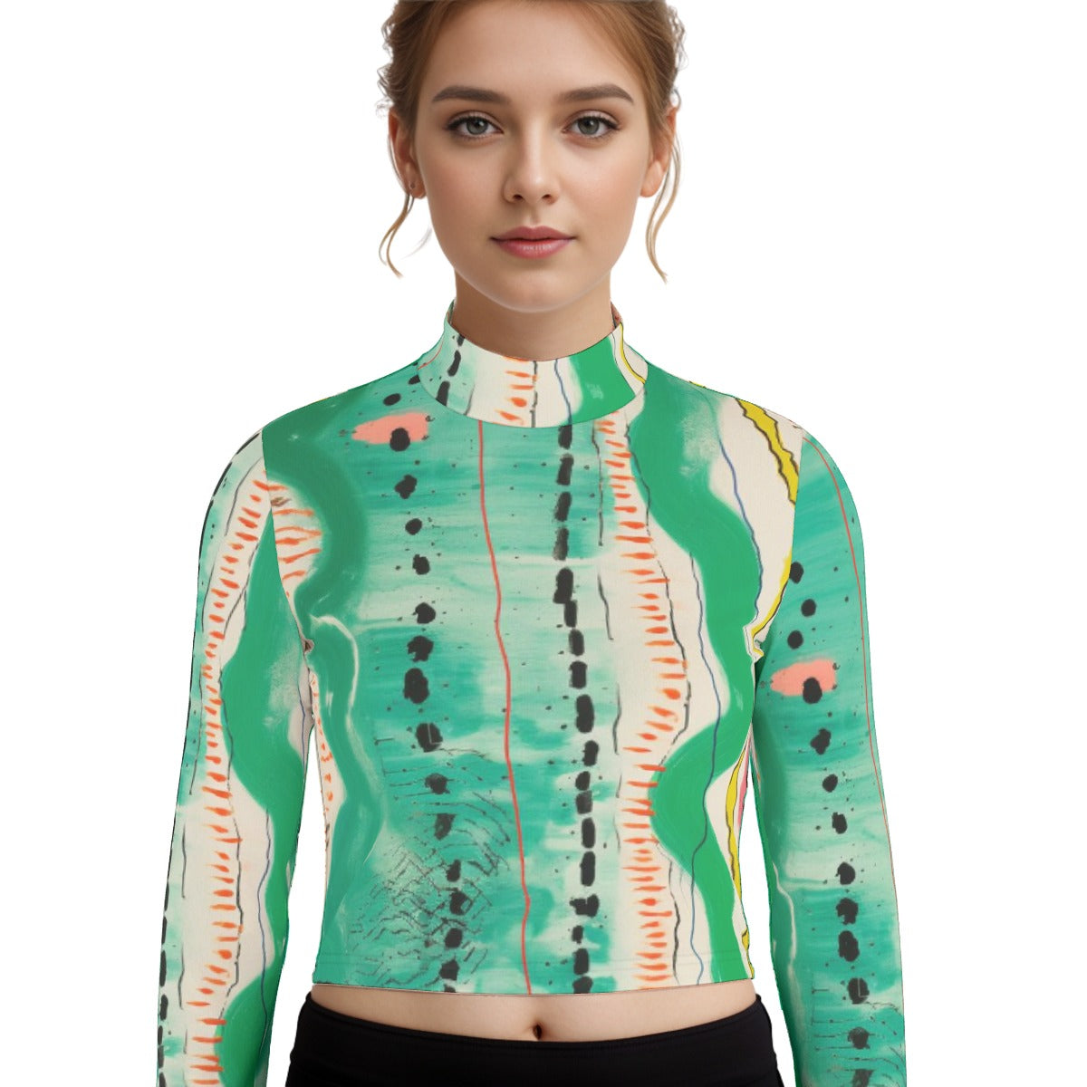 Eco-Friendly All-Over Print Women's Turtleneck T-shirt With Long Sleeve