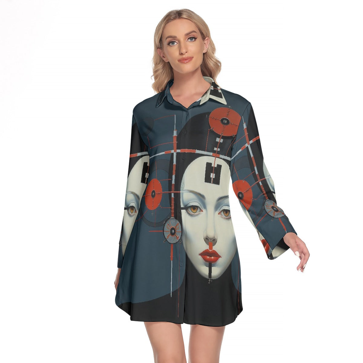 All-Over Print Women's Lapel Shirt Dress With Long Sleeve