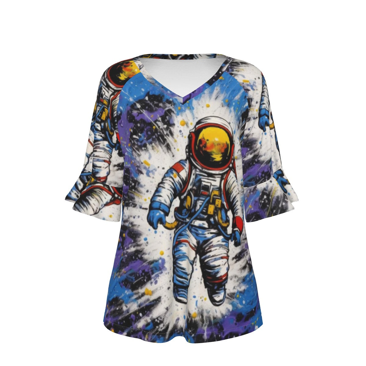 All-Over Print V-neck Women's T-shirt With Bell Sleeve