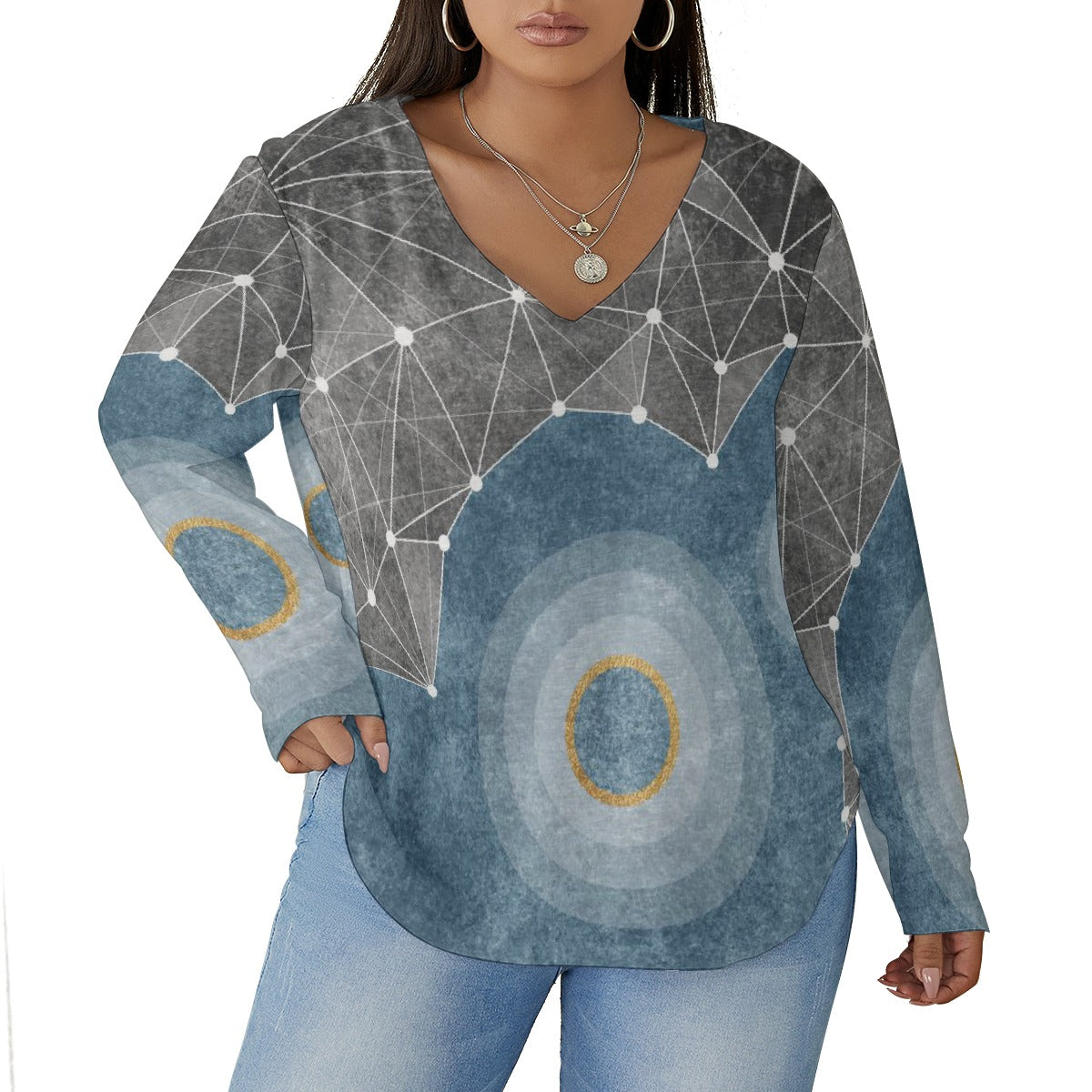 All-Over Print Women's V-neck T-shirt With Curved Hem(Plus Size)