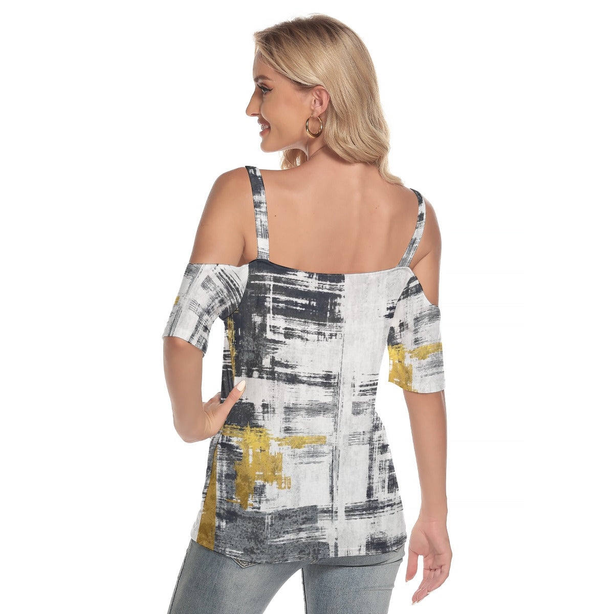 All-Over Print Women's Cold Shoulder T-shirt With Criss Cross Strips