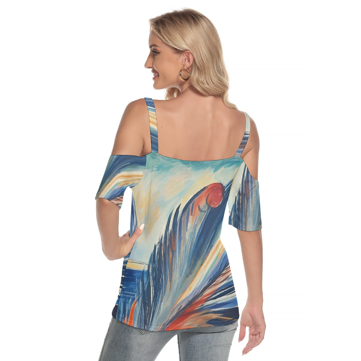 All-Over Print Women's Cold Shoulder T-shirt With Criss Cross Strips