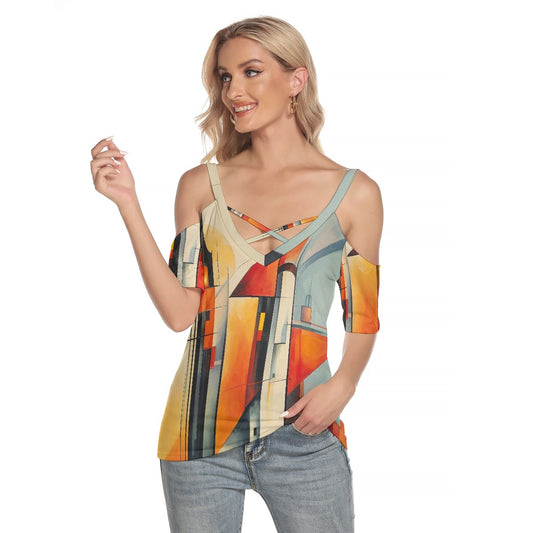 All-Over Print Women's Cold Shoulder T-shirt With Criss Cross Strips