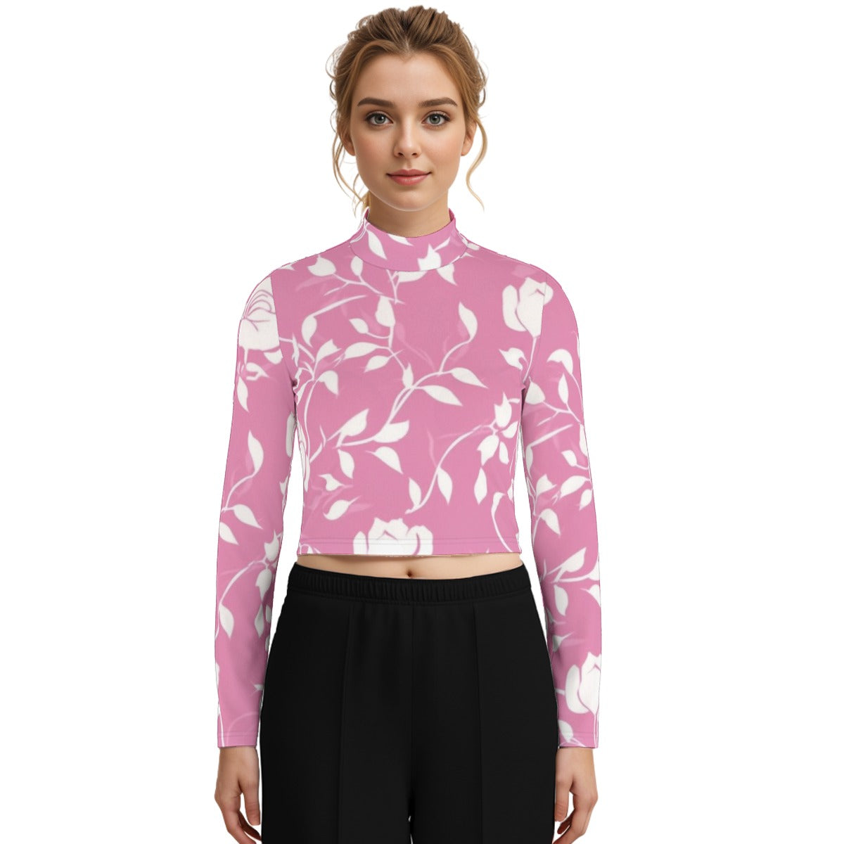 Eco-Friendly All-Over Print Women's Turtleneck T-shirt With Long Sleeve