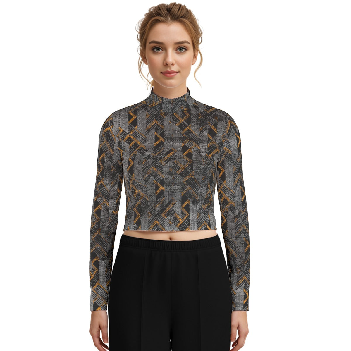 Eco-Friendly All-Over Print Women's Turtleneck T-shirt With Long Sleeve