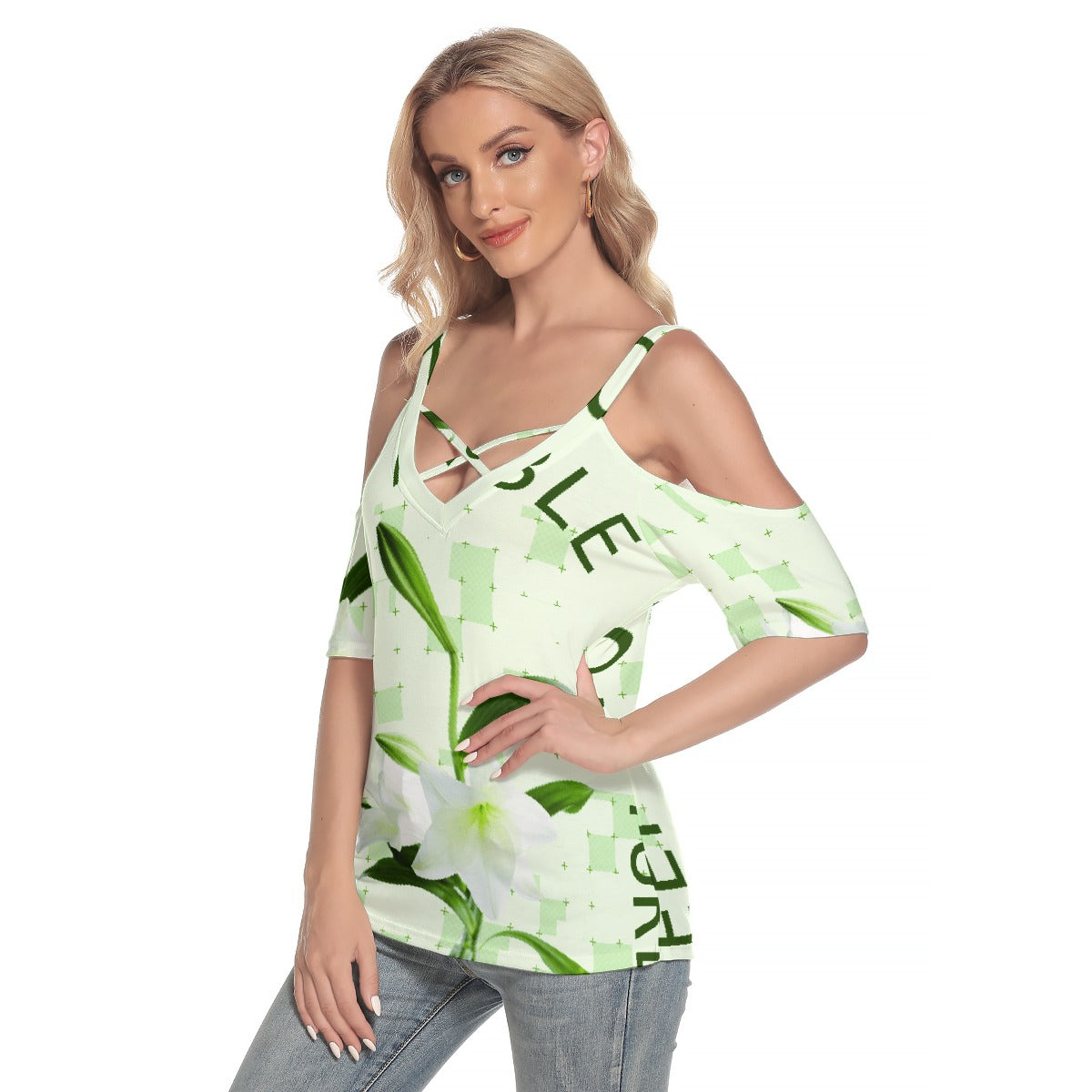 All-Over Print Women's Cold Shoulder T-shirt With Criss Cross Strips