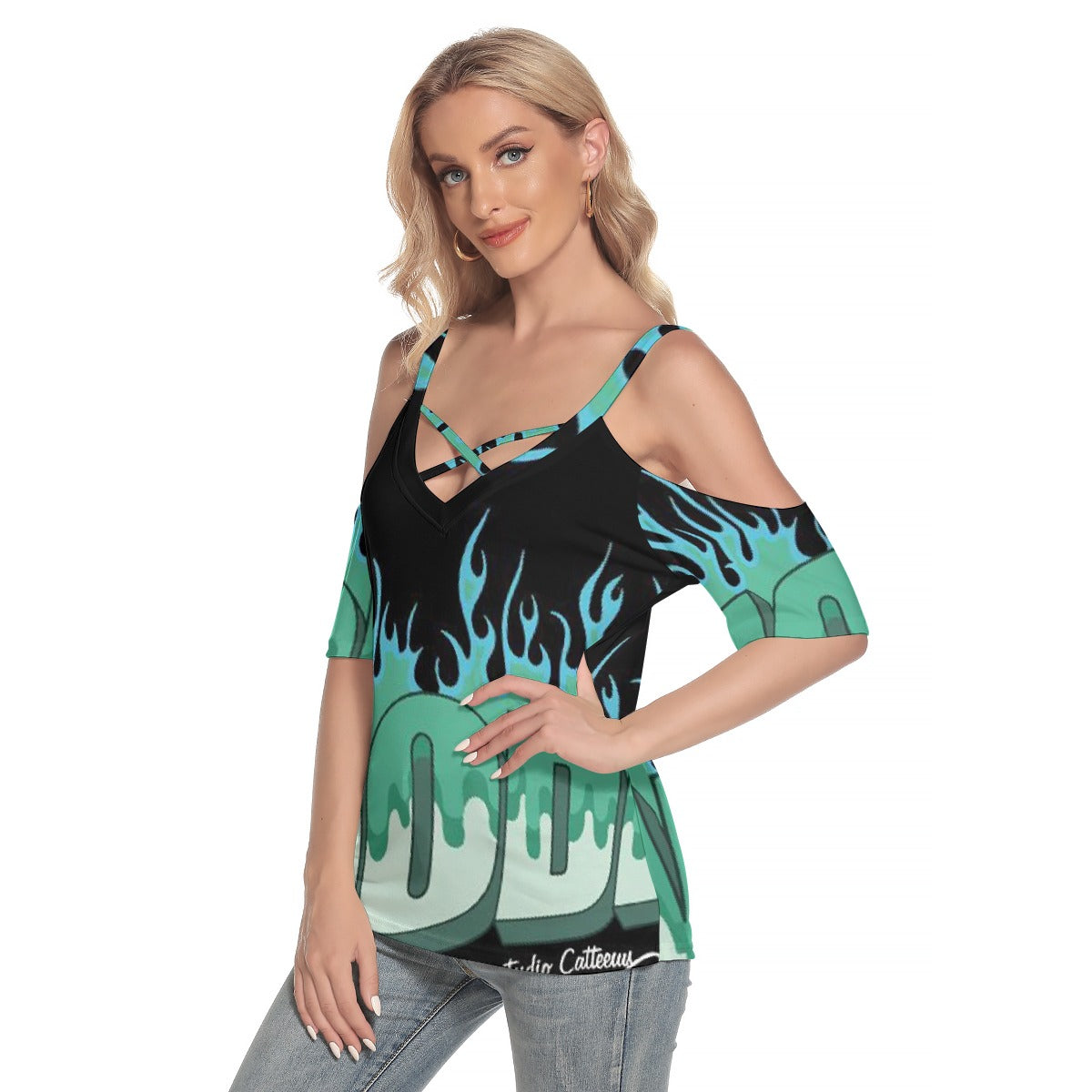 All-Over Print Women's Cold Shoulder T-shirt With Criss Cross Strips