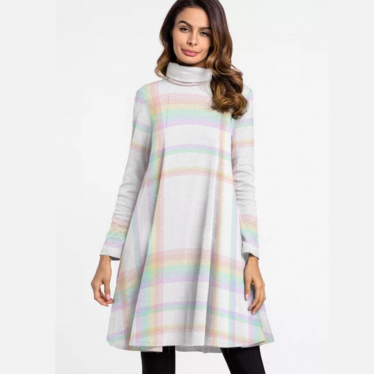 All-Over Print Women's High Neck Dress With Long Sleeve