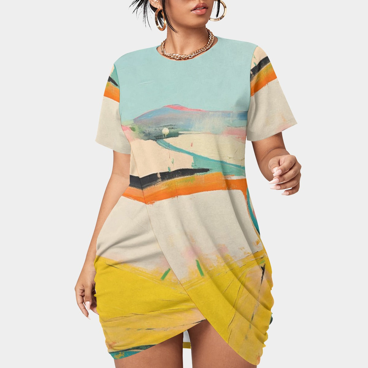 All-Over Print Women’s Stacked Hem Dress With Short Sleeve（Plus Size）