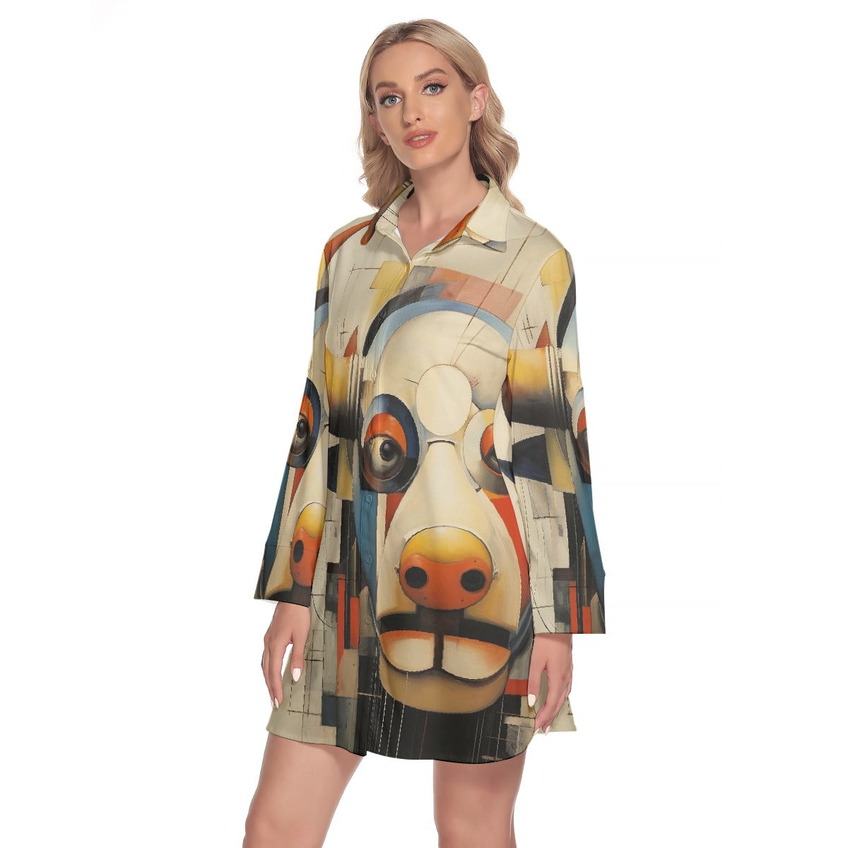 All-Over Print Women's Lapel Shirt Dress With Long Sleeve