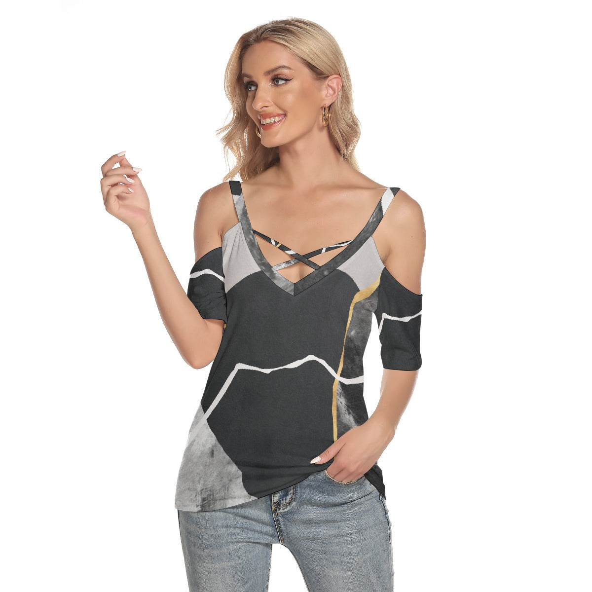 All-Over Print Women's Cold Shoulder T-shirt With Criss Cross Strips