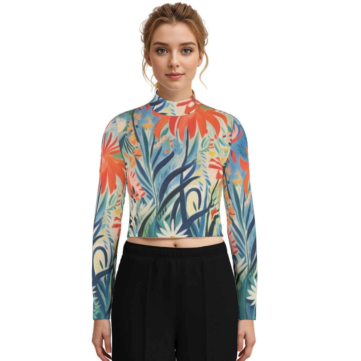 Eco-Friendly All-Over Print Women's Turtleneck T-shirt With Long Sleeve