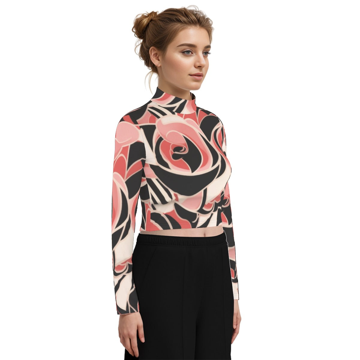 Eco-Friendly All-Over Print Women's Turtleneck T-shirt With Long Sleeve