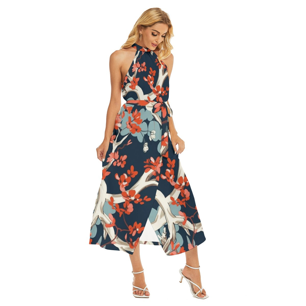 All-Over Print Women's Wrap Hem Belted Halter Dress