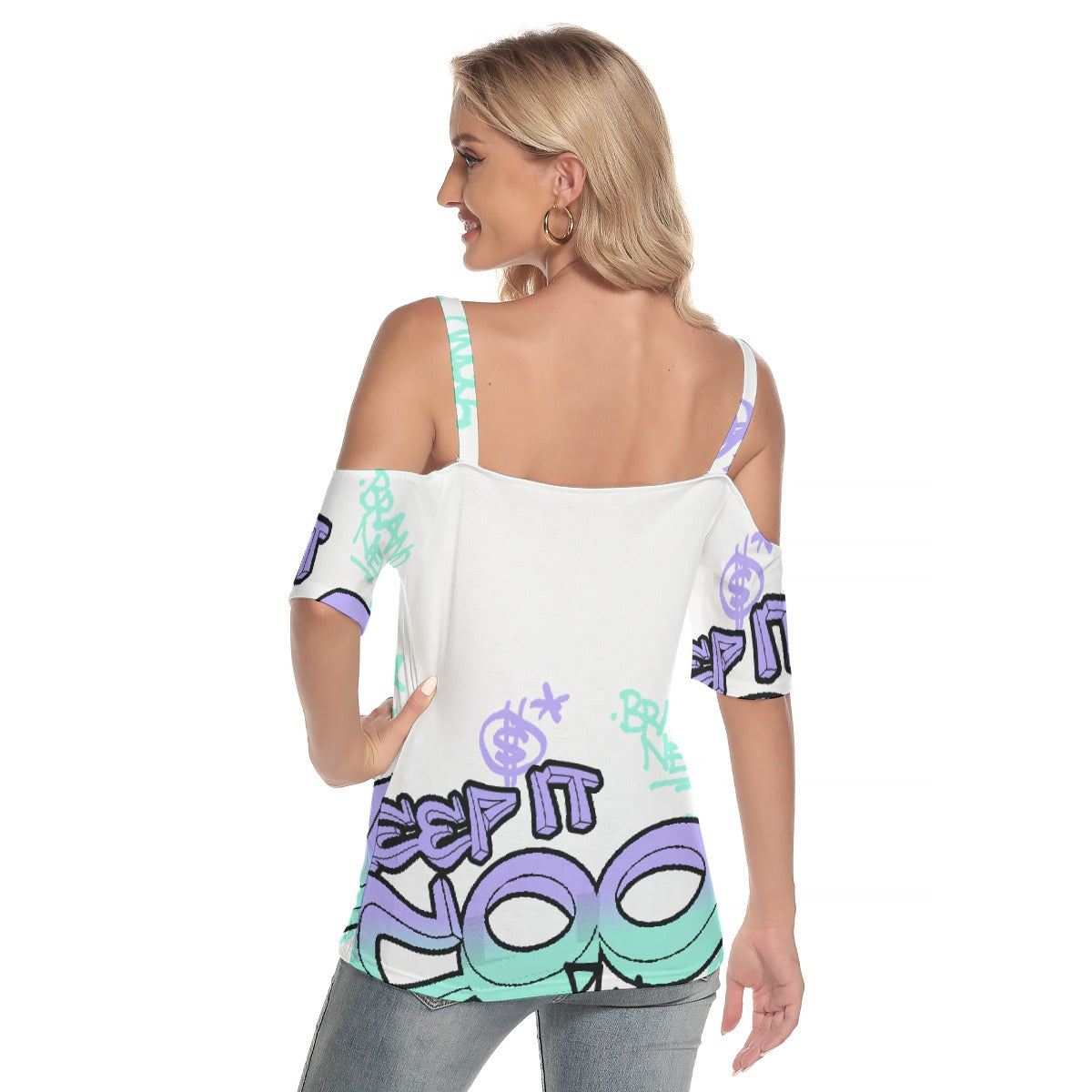 All-Over Print Women's Cold Shoulder T-shirt With Criss Cross Strips