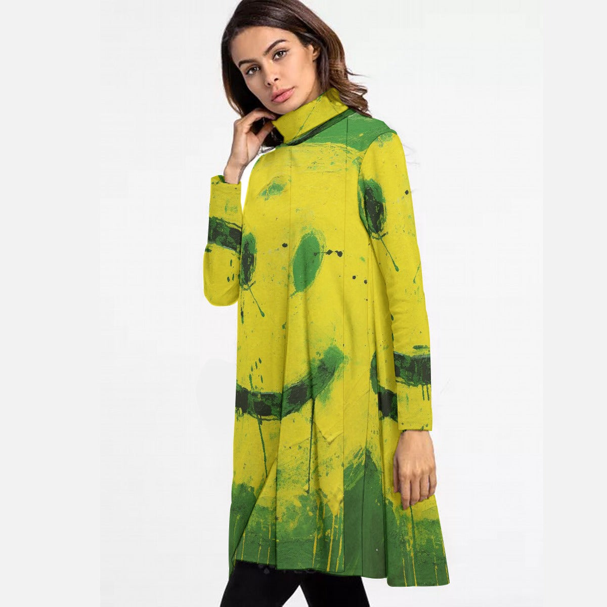 All-Over Print Women's High Neck Dress With Long Sleeve