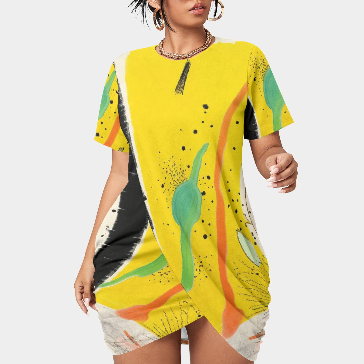 All-Over Print Women’s Stacked Hem Dress With Short Sleeve（Plus Size）