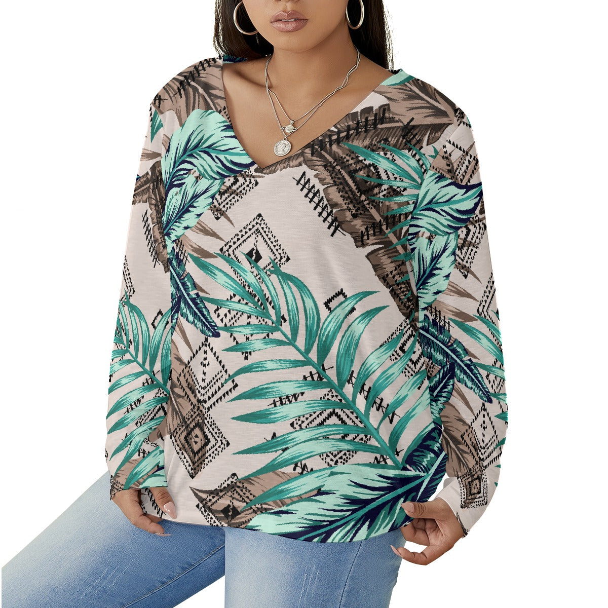 All-Over Print Women's V-neck T-shirt With Curved Hem(Plus Size)