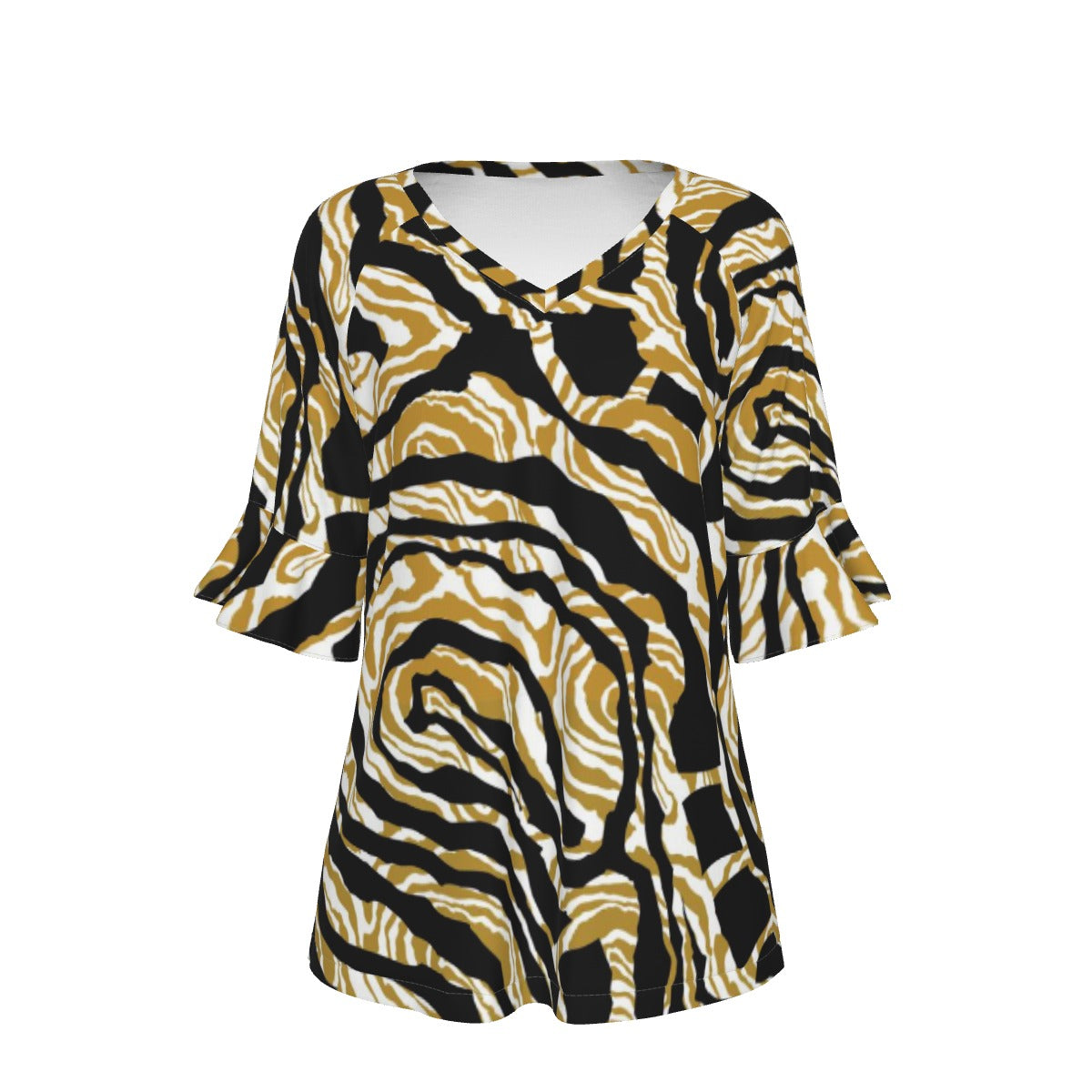 All-Over Print V-neck Women's T-shirt With Bell Sleeve