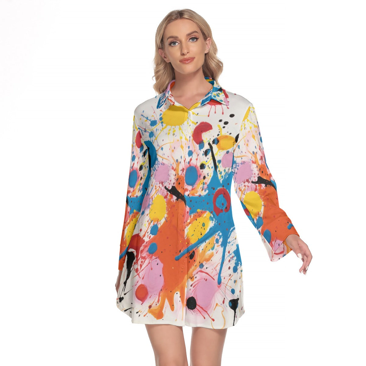 All-Over Print Women's Lapel Shirt Dress With Long Sleeve