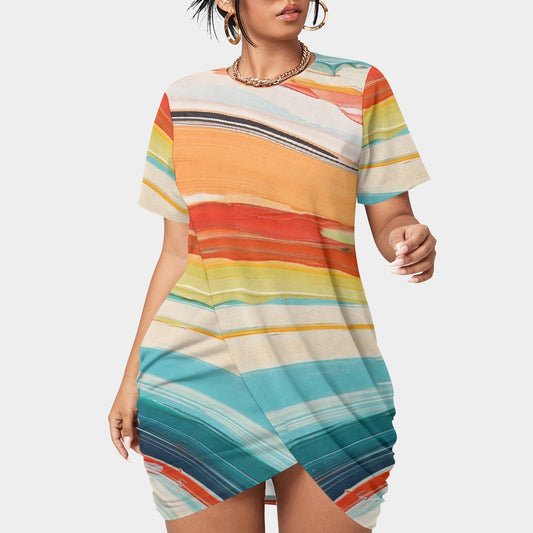 All-Over Print Women’s Stacked Hem Dress With Short Sleeve（Plus Size）