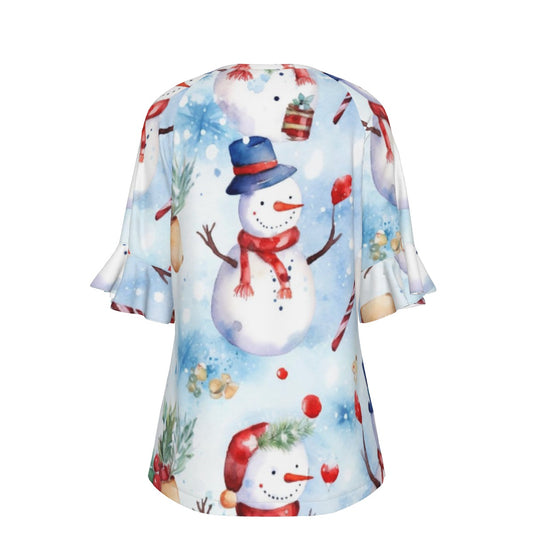 All-Over Print V-neck Women's T-shirt With Bell Sleeve