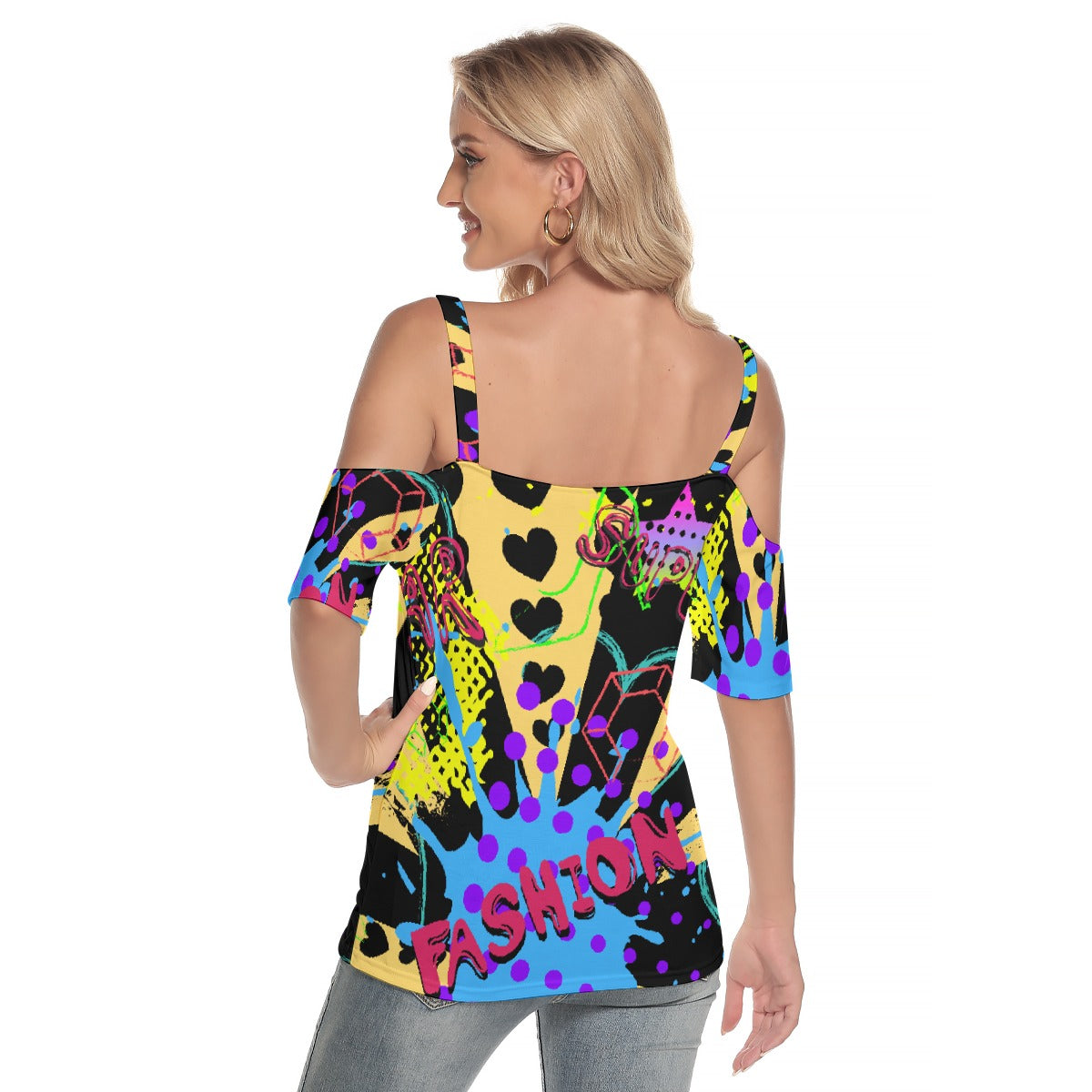 All-Over Print Women's Cold Shoulder T-shirt With Criss Cross Strips