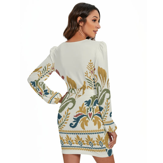 All-Over Print Women's Long Sleeve Dress With Waist Belt