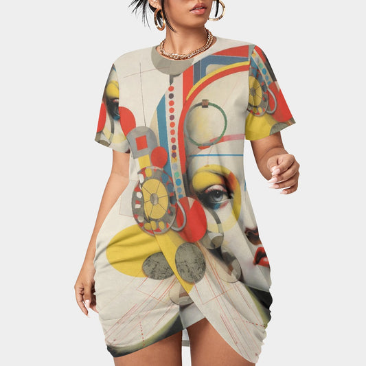 All-Over Print Women’s Stacked Hem Dress With Short Sleeve（Plus Size）