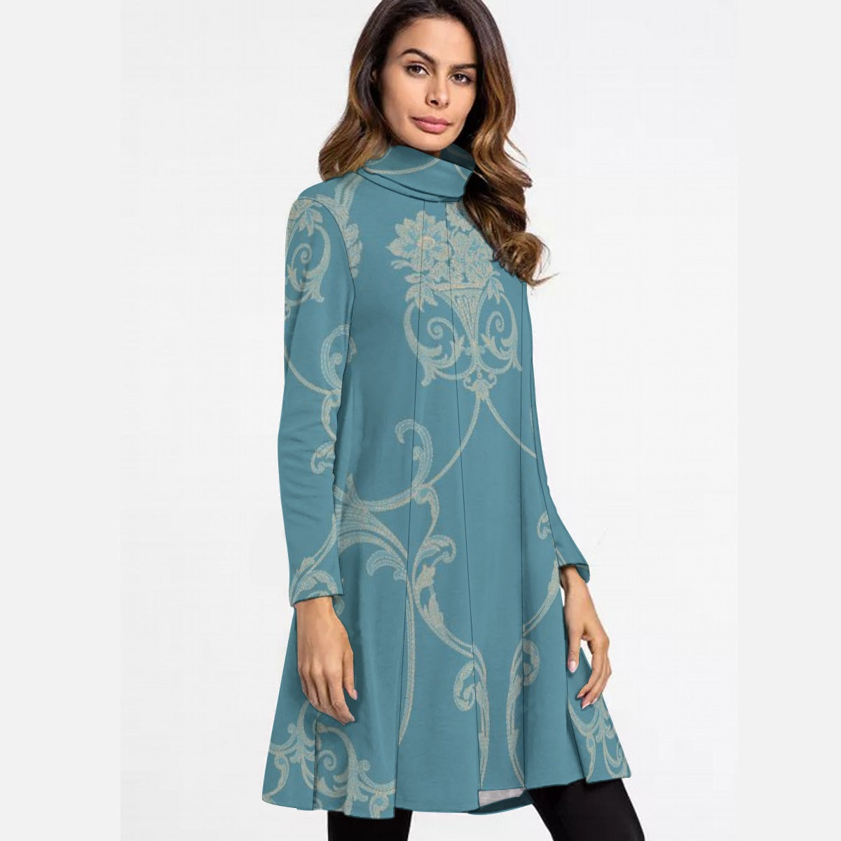 All-Over Print Women's High Neck Dress With Long Sleeve