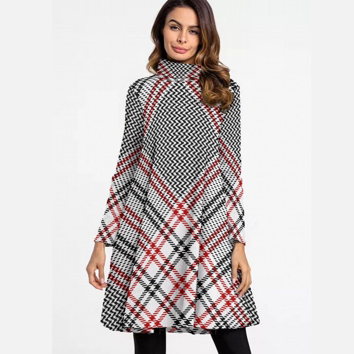 All-Over Print Women's High Neck Dress With Long Sleeve