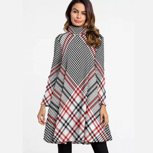 All-Over Print Women's High Neck Dress With Long Sleeve