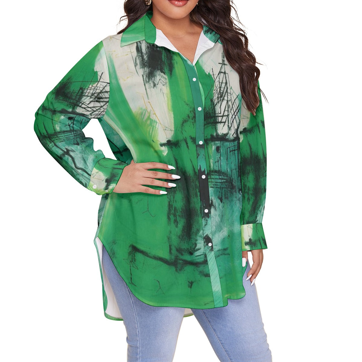 All-Over Print Women's Shirt With Long Sleeve(Plus Size)