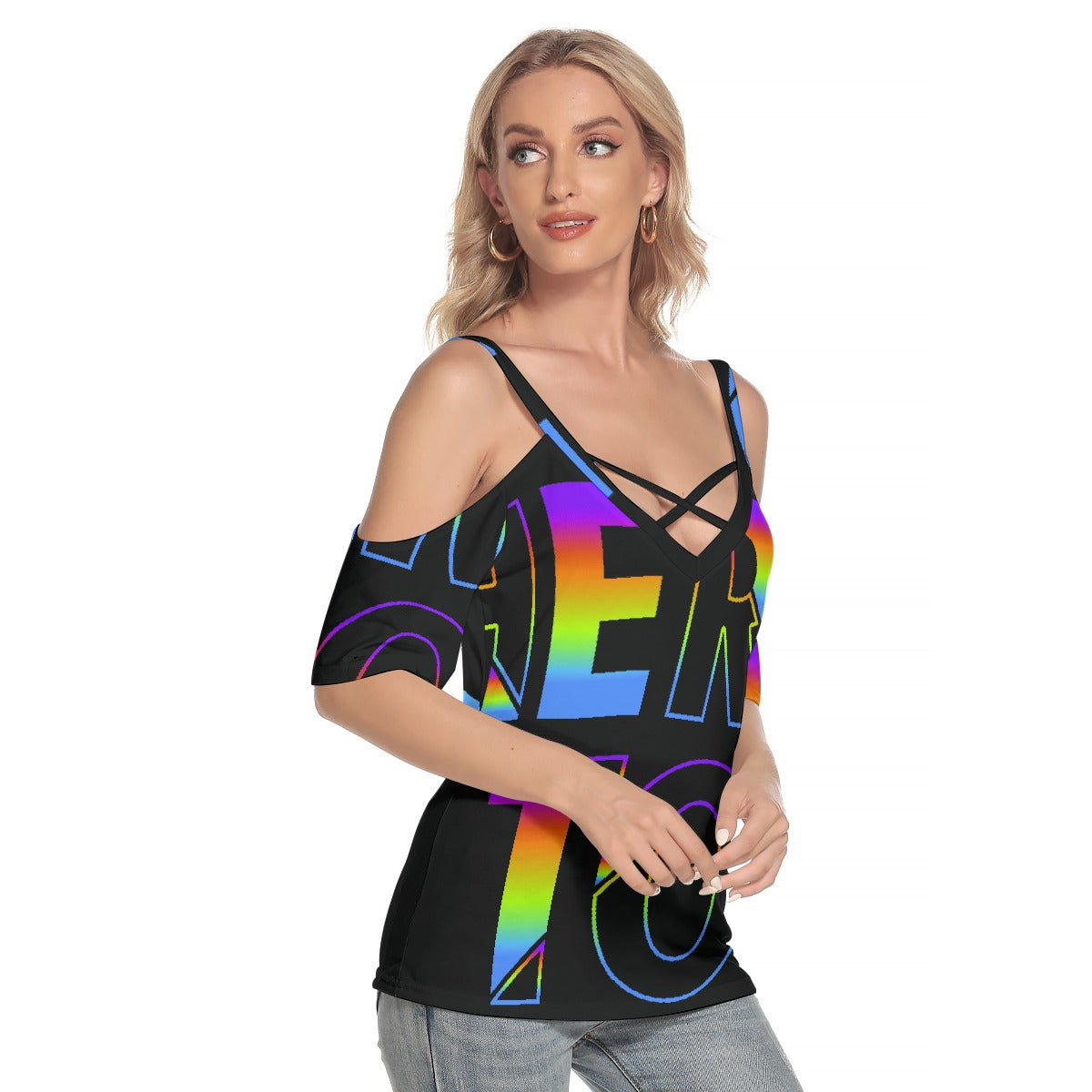 All-Over Print Women's Cold Shoulder T-shirt With Criss Cross Strips