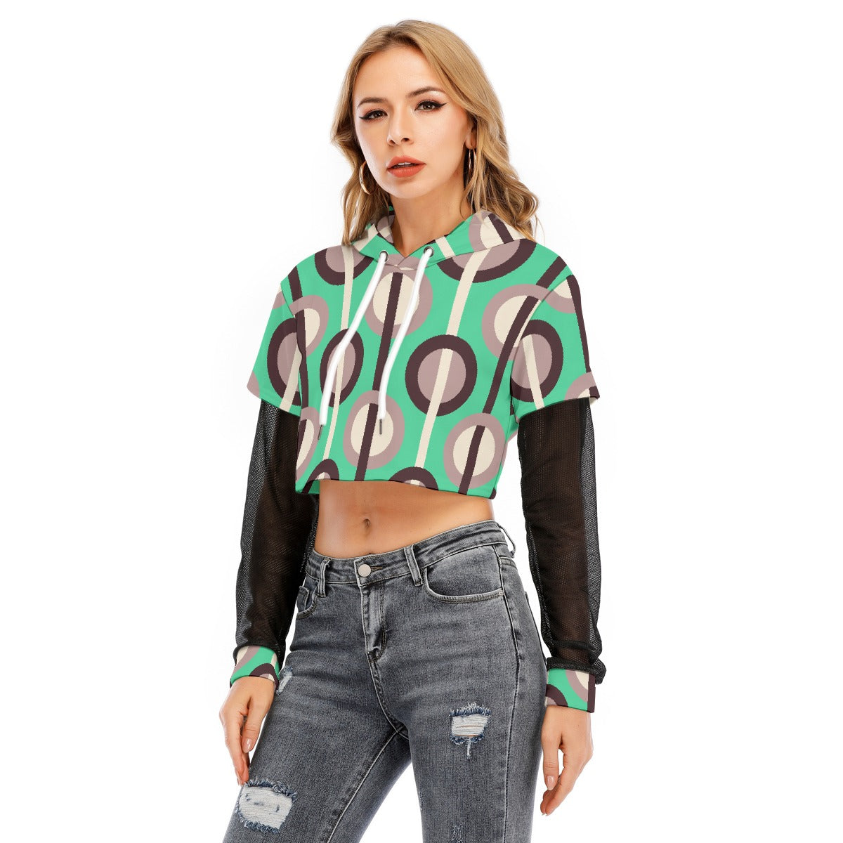 All-Over Print Women's Fake Two-piece Mesh Sleeve Cropped Hoodie