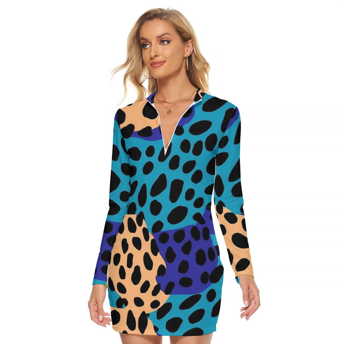 All-Over Print Women's Zip Front Tight Dress