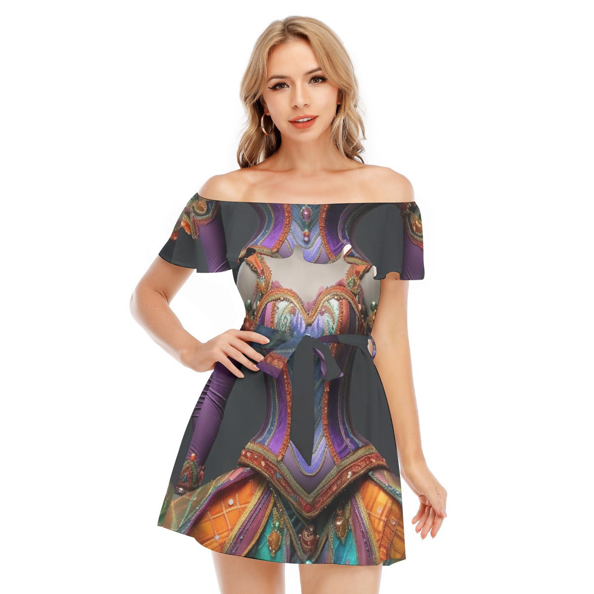 All-Over Print Women's Off-shoulder Dress With Ruffle