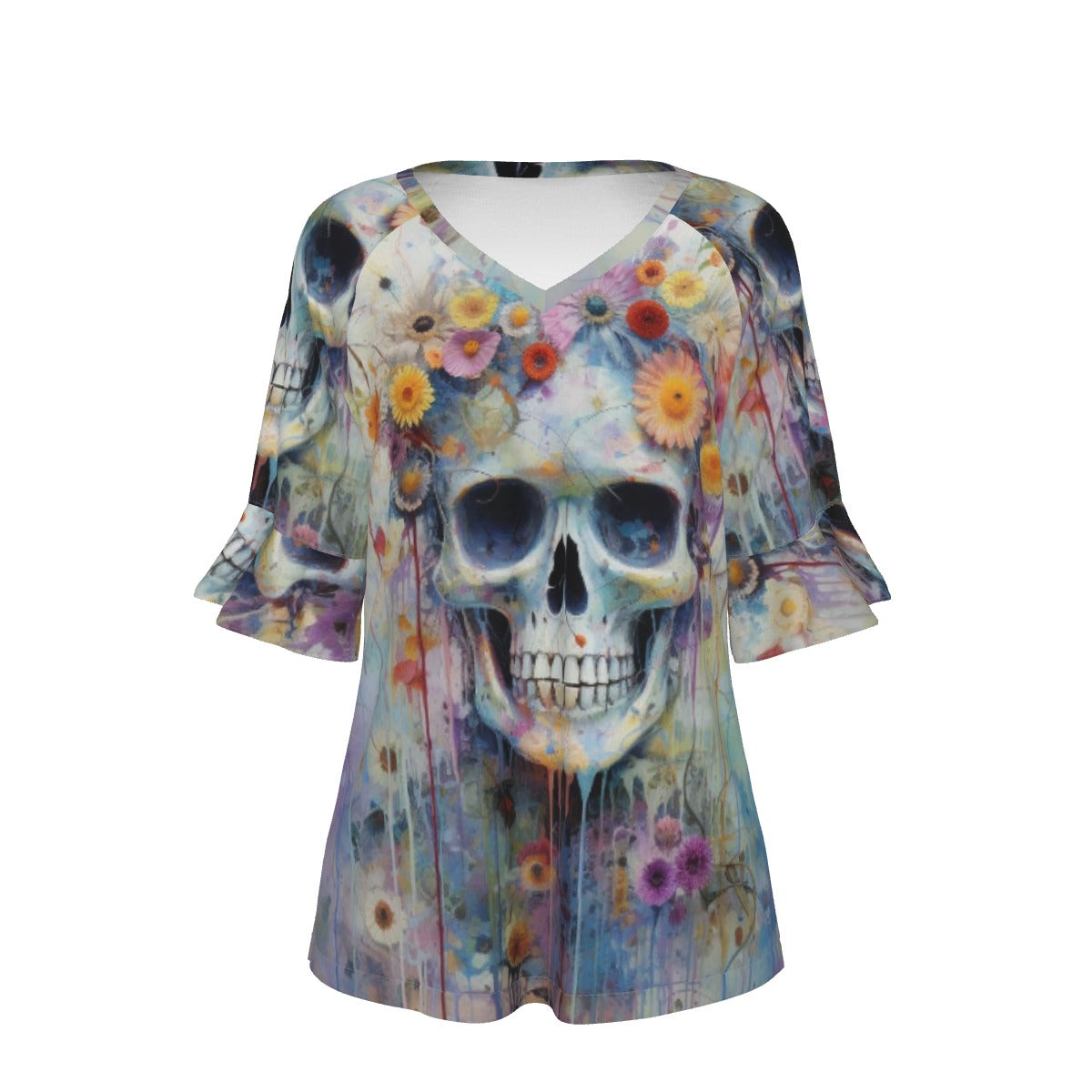 All-Over Print V-neck Women's T-shirt With Bell Sleeve