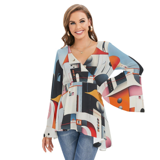 All-Over Print Women's V-neck Blouse With Flared Sleeves