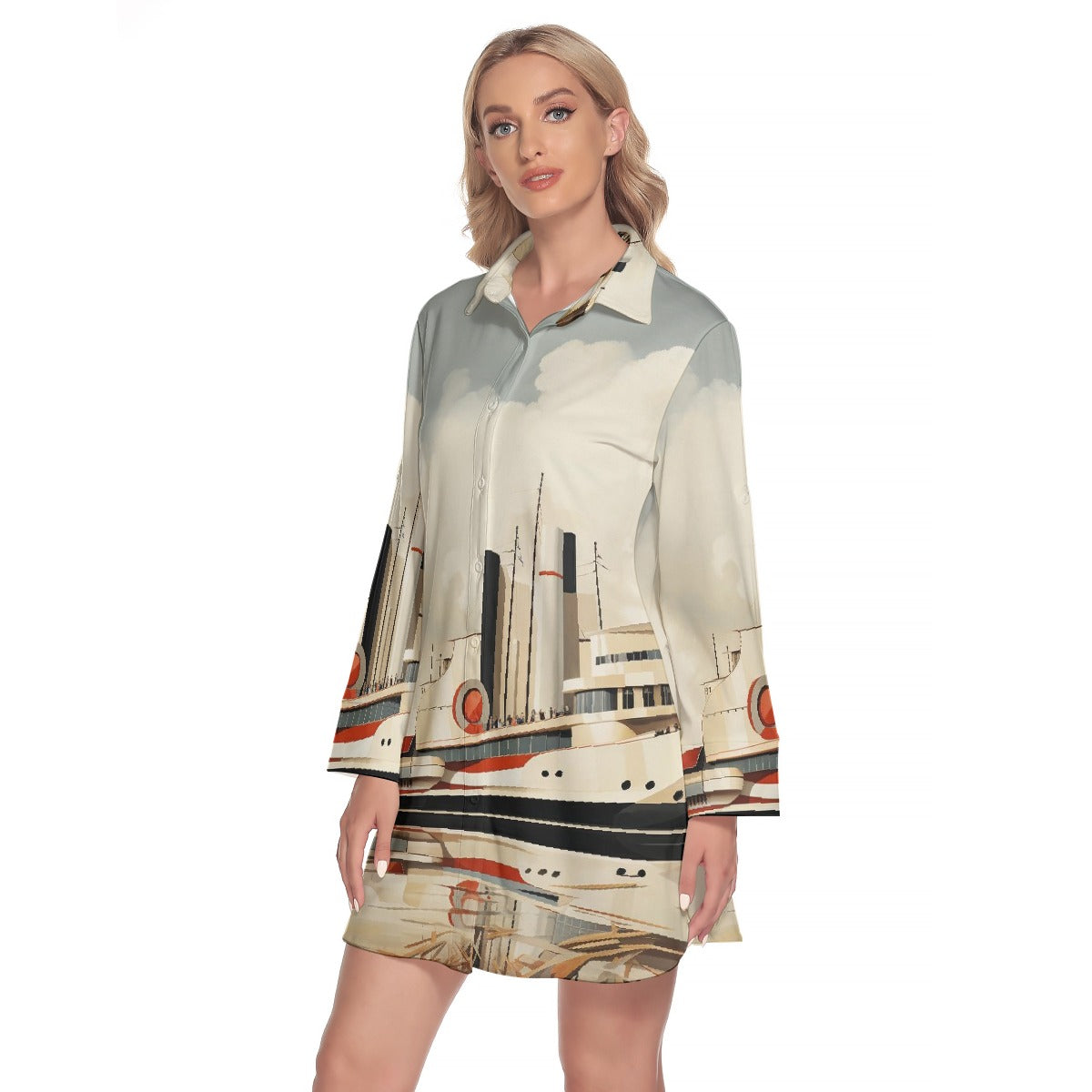 All-Over Print Women's Lapel Shirt Dress With Long Sleeve