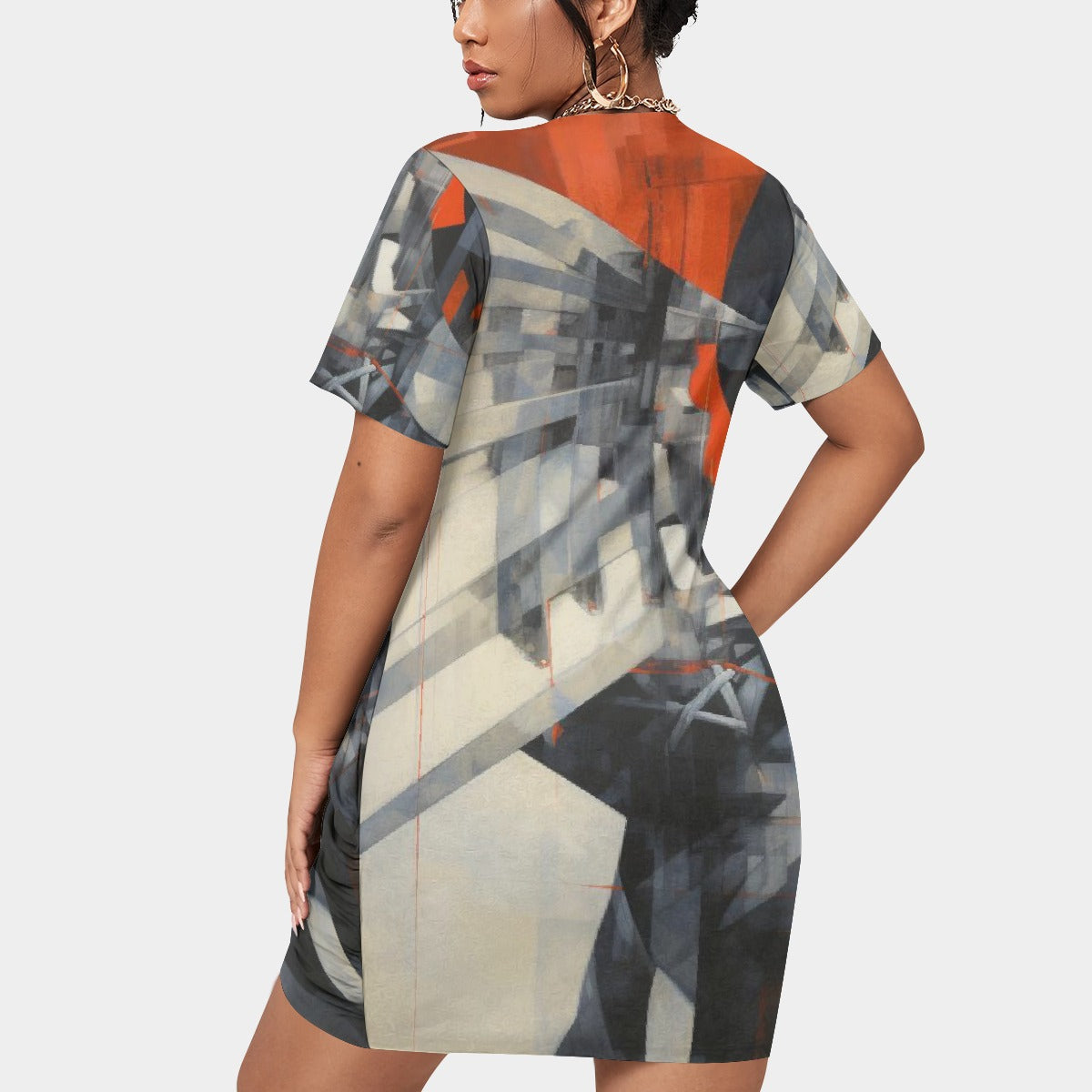 All-Over Print Women’s Stacked Hem Dress With Short Sleeve（Plus Size）