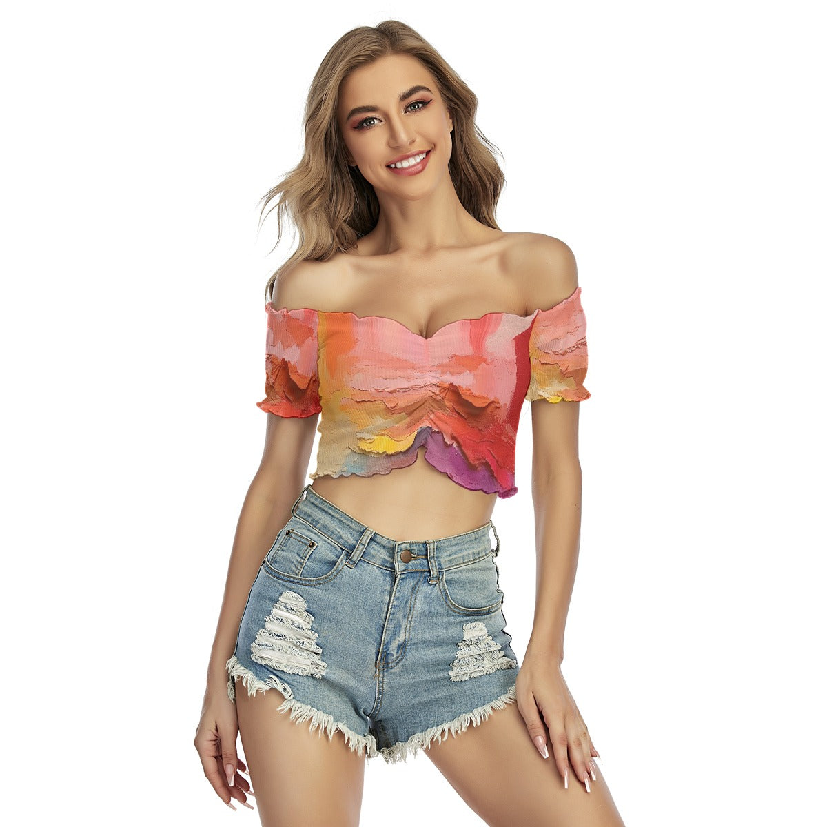 All-Over Print Women's One-shoulder Off-the-navel Short Sleeve T-shirt